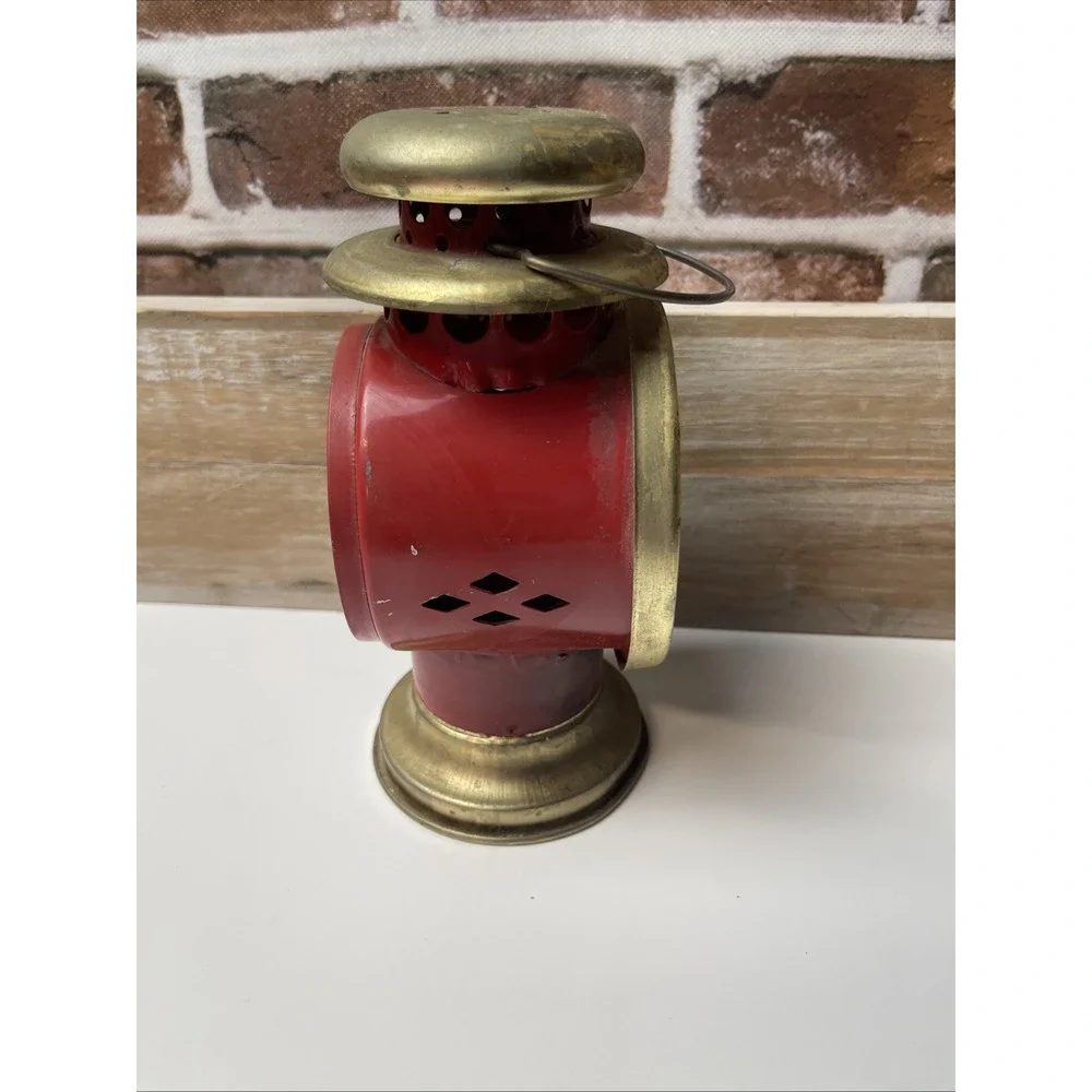 Vintage Red Brass Railroad Lantern Collectible Tea Candle Holder